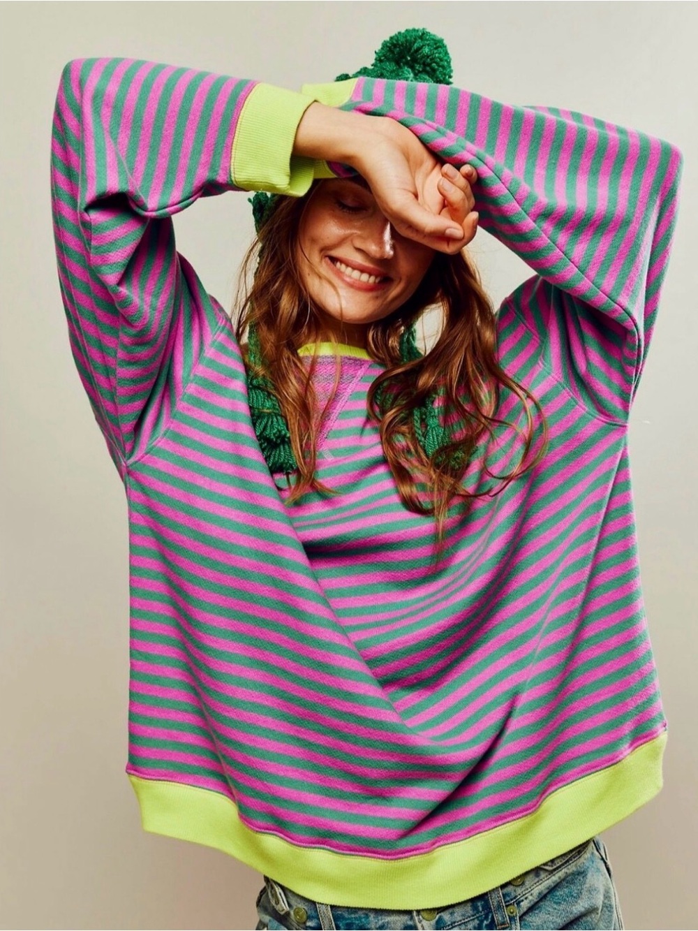 We The Free Pink & Green Striped Crewneck Sweater
